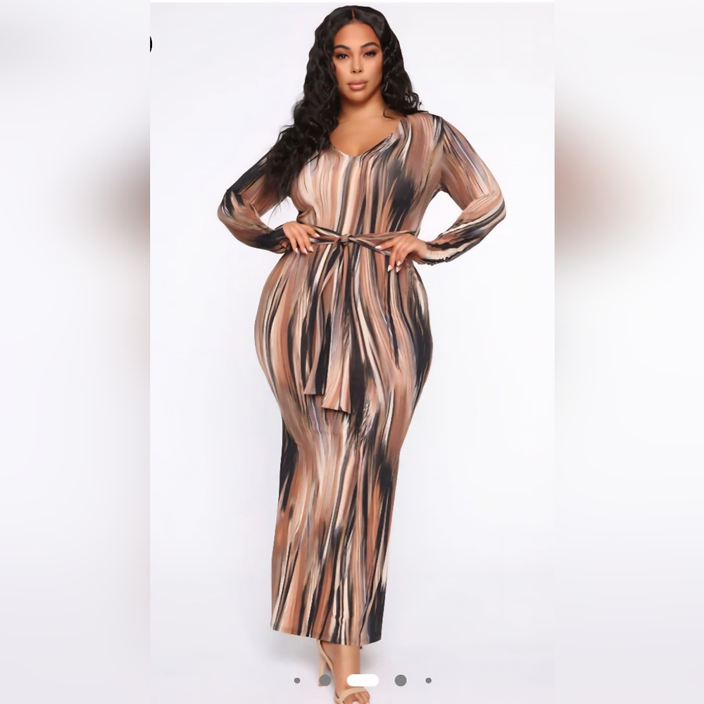 Fashion Nova Long Sleeve Striped Maxi Dress